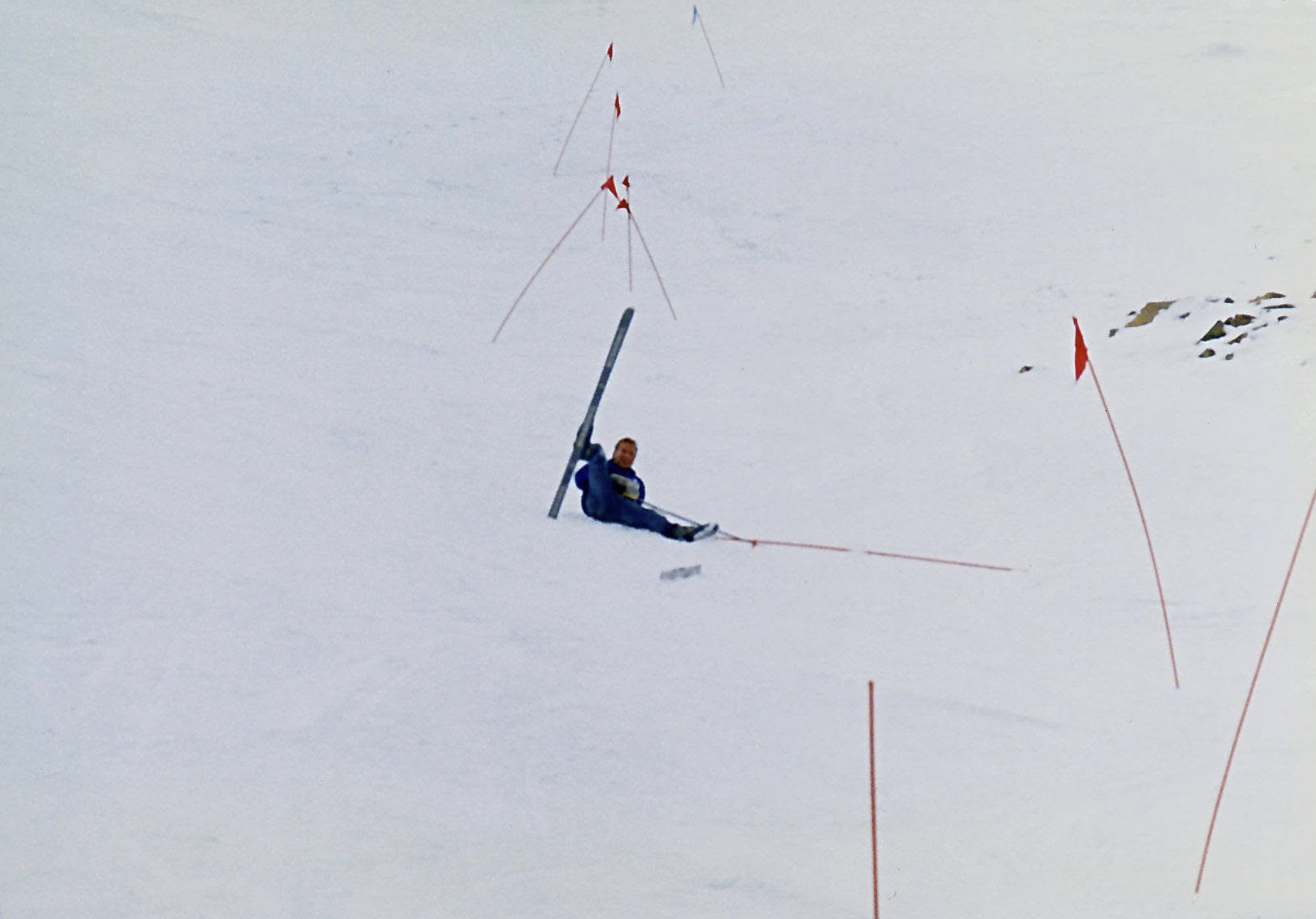 Chris Tschepp on the ground after catching an edge mid-race